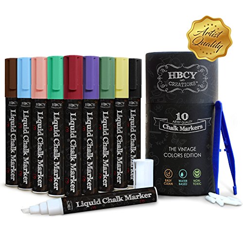 Product Cover HBCY Creations Liquid Chalk Markers Set -10 Pastel Colored Non-Toxic Erasable Chalkboard Markers -For Chalk Boards, Glass, Labels & Windows! 5 Extra Chisel & Bullet Tips, Tweezers & Chalk Pen Holder!