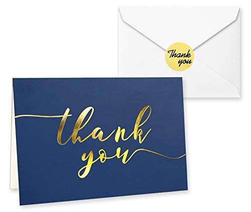 Product Cover 100 Thank You Cards in Navy Blue with Envelopes and Stickers - Bulk Notes Embossed with Gold Foil Letters for Weddings, Graduations, Engagements, Business, Formal, 4x6 Inch
