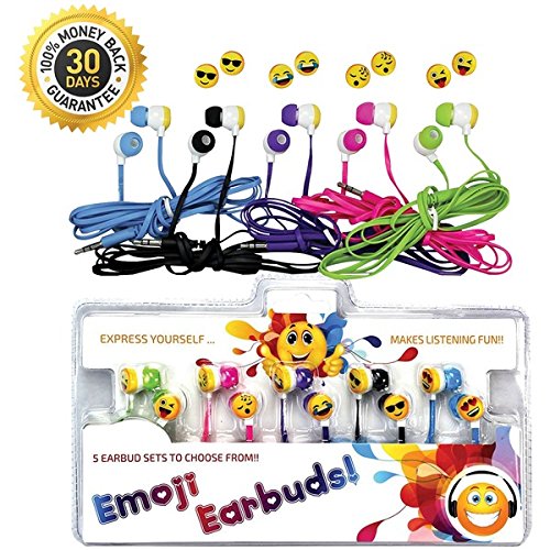 Product Cover Vias Emoji Earbud Bundle - 5 Pairs of Assorted Smile Face Expressions Headphones Earbuds 3.5mm for iPod/Smartphone/Tablet. Great for Kids, Boys, Girls, Gifts (Pack of 5)