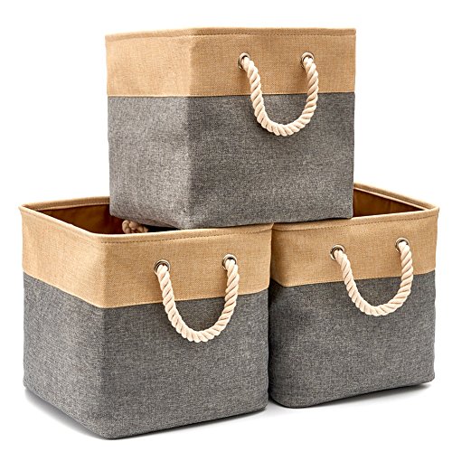 Product Cover EZOWare 3-Pack Collapsible Storage Bins Basket Foldable Canvas Fabric Tweed Storage Cubes Set with Handles for Babies Nursery Toys Organizer (13 x 13 x 13 inches) (Gray/Beige)