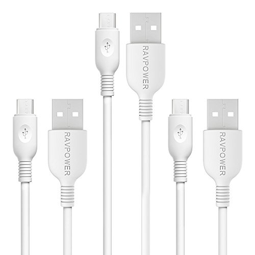 Product Cover RAVPower 3-Pack Micro USB Cable Sync and Charge (3ft x 2, 6ft) for Samsung, Huawei, HTC, Nexus, Motorola, Nokia, LG, MP3, Tablet, Windows, PS4, Camera - White (Not for iPhone)