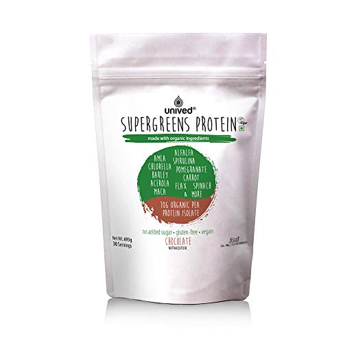 Product Cover Unived Daily Supergreens Raw Plant-Based Nutrition, Organic Spirulina, Organic Chlorella, Acerola, And Other Alkalizing And Antioxidant Fruits & Vegetables (Supergreens Protein (Chocolate), 30 Servings)