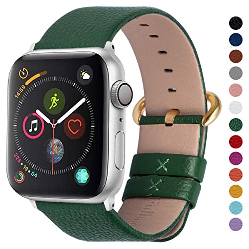 Product Cover Fullmosa Compatible Apple Watch Band 42mm 44mm 40mm 38mm Leather Compatible iWatch Band/Strap Compatible Apple Watch Series 5 4 3 2 1, 42mm 44mm Dark Green + Golden Buckle