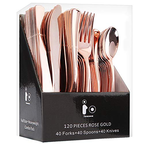 Product Cover 120 Piece Plastic Silverware Set, Rose Gold Plastic Cutlery, Extra Heavyweight Disposable Flatware Includes: 40 Forks, 40 Knives and 40 Spoons(IOOOOO)