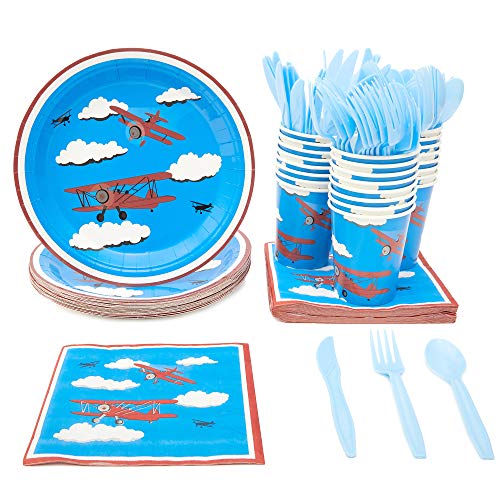 Product Cover Airplane Party Supplies - Serves 24 - Includes Plates, Knives, Spoons, Forks, Cups and Napkins. Perfect Airplane Party Pack for Kids Airplane Themed Parties.