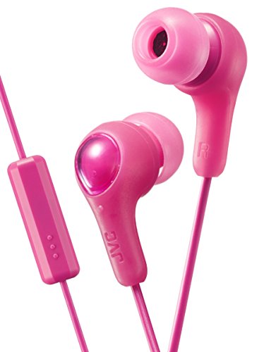 Product Cover PINK GUMY In ear earbuds with stay fit ear tips and MIC.  Wired 3.3ft colored cord cable with headphone jack.  Small, medium, and large ear tip earpieces included.  JVC GUMY HAFX7MP