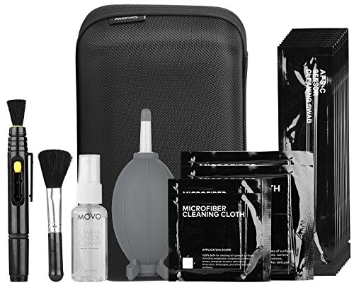 Product Cover Movo Deluxe Essentials DSLR Camera Cleaning Kit with 10 APS-C Cleaning Swabs, Sensor Cleaning Fluid, Rocket Air Blower, Lens Pen, Soft Brush, 2X Small and 2X Large Microfiber Cloths and Carrying Case