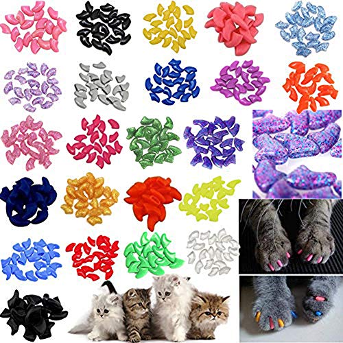 Product Cover JOYJULY 140pcs Pet Cat Kitty Soft Claws Caps Control Soft Paws of 4 Glitter Colors, 10 Colorful Cat Nail Caps Covers + 7 Adhesive Glue+7 Applicator with Instruction, Large L