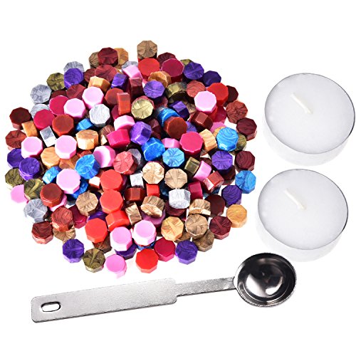 Product Cover Hestya 230 Pieces Octagon Sealing Wax Beads Sticks with 2 Pieces Tea Candles and 1 Piece Wax Melting Spoon for Wax Stamp Sealing (12 Colors)