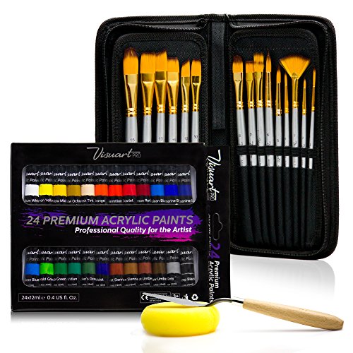 Product Cover Acrylic Paint Brush Set With 15 Premium Artist Brushes And Bonus 24 Color Acrylic Paint - Ultimate Kit For Canvas, Wood, Ceramic, Fabric - Perfect Gift For Beginners, Adults, Students Or Professionals