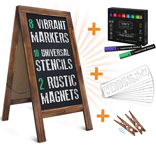 Product Cover HBCY Creations Rustic Magnetic A-Frame Chalkboard Deluxe Set / 8 Chalk Markers + 10 Stencils + 2 Magnets! Outdoor Sidewalk Chalkboard Sign/Large 40