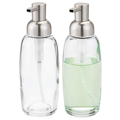 Product Cover mDesign Round Glass Refillable Liquid Soap Dispenser Pump Bottle for Bathroom Vanity Countertop, Kitchen Sink - Holds Hand Soap, Dish Soap, Hand Sanitizer, Essential Oils - 2 Pack - Clear/Brushed