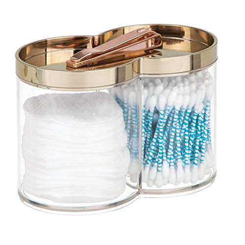Product Cover mDesign Plastic Bathroom Vanity Countertop Canister Jar with Storage Lid - Stackable - Divided, Double Compartment Organizer for Cotton Balls, Swabs, Beauty Blenders, Bath Salts - Clear/Soft Brass
