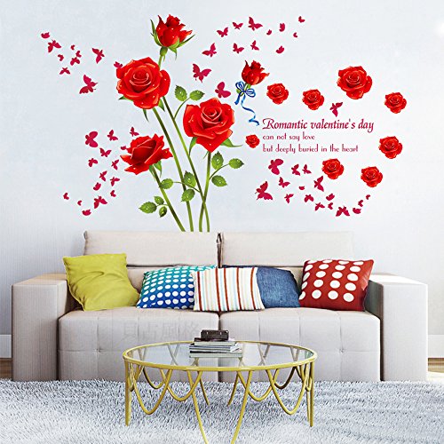 Product Cover decalmile Red Rose Removable Wall Stickers Removable Flower Wall Decals Bedroom Living Room Wall Art Decor