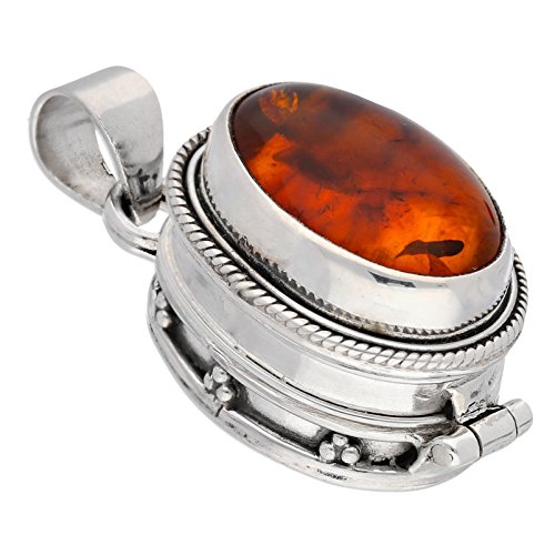 Product Cover Oval Amber Gemstone Sterling Silver Poison Locket Pill Box Pendant