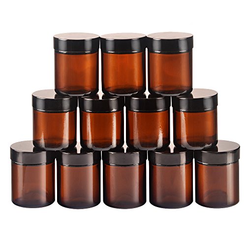 Product Cover 12 pack 4oz Empty Amber Glass Round Jars bottles with White Inner Liners and black Lids.Glass Jars Prefect for Cosmetics and Face cream Lotion.