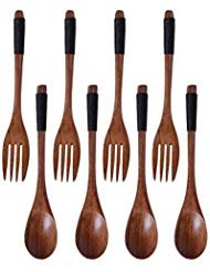 Product Cover Bloomeet 4 Pairs Japanese Style Spoon Fork Eco Friendly Handmade Tied Line Wooden Spoons Forks Set Reusable Utensils Tableware (Black tied line)