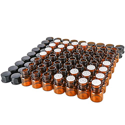Product Cover 50 pack 1 ml 1/4 Dram Mini Amber Glass Essential Oils Sample Bottles with Black Caps for Essential Oils,Chemistry Lab Chemicals,Colognes & Perfumes.3 plastic droppers as gift.