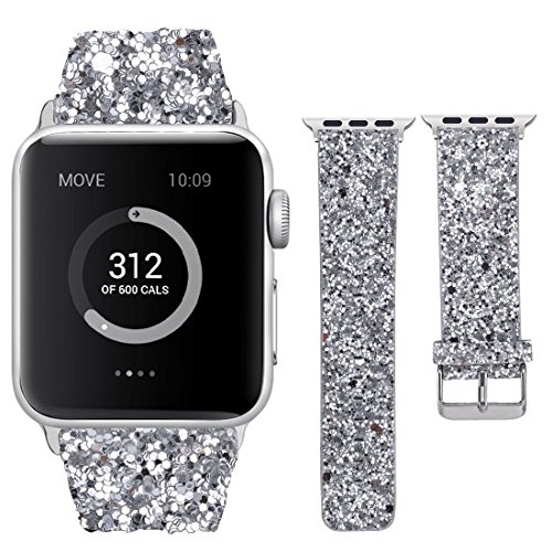 Product Cover Moonooda Compatible with iWatch Bands 38mm 40mm 42mm 44mm, Women Replacement Wristband Bling Glitter Strap Compatible with iWatch Series 5 4 3 2 1, Silver