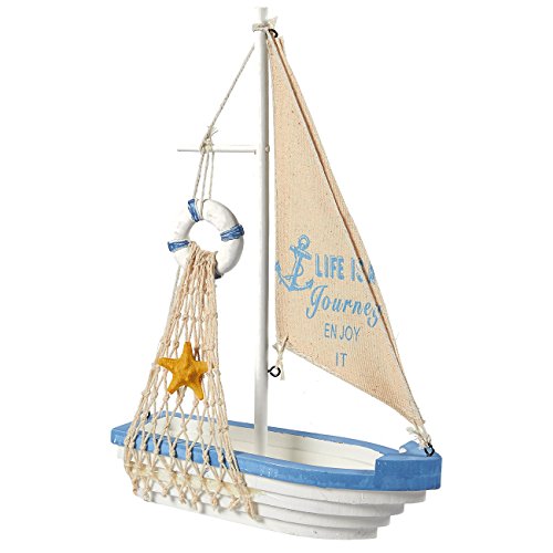 Product Cover Juvale Sailboat Model Decoration - Wooden Sailing Boat Home Decor Set, Beach Nautical Design, Navy Blue and White with Lifebuoy, 12.5 x 8.25 x 3 Inches