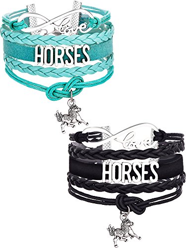 Product Cover Mtlee 2 Pieces Horse Bracelet Bangle Handmade Leather Love Horse Charm Infinity Bracelet with Gift Box, Black and Blue