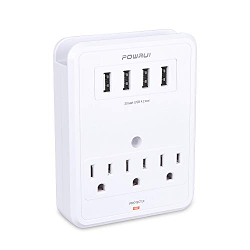 Product Cover POWRUI Multi Wall Outlet Adapter Surge Protector 1680 Joules with 4-USB Ports Wall Charger, Wall Mount Charging Center 3 Outlet Wall Mount Adapter for Home, School, Office, ETL Certified