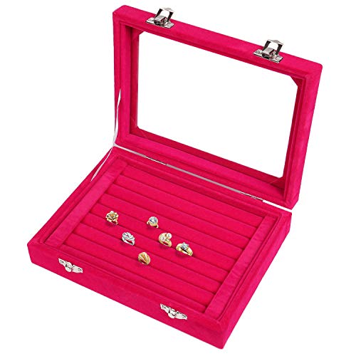 Product Cover Pasutewel Earring Storage Case 7 Slots Ring Velvet Display Case Box Earring Ring Organizer Velvet Jewelry Tray Cufflink Storage Showcase with Clear Glass Lid Hot Pink