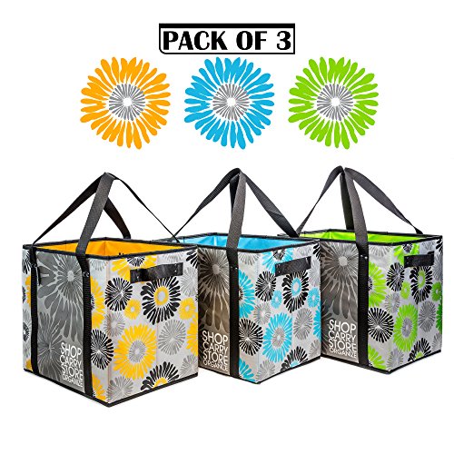 Product Cover Reusable Grocery Shopping Bags (3 Pack / 3 Colors) Multipurpose for Shopping Groceries Storage Carry - 4 Handles - Collapsible Foldable Heavy Duty Large Capacity Reinforced Laminated Eco-Friendly