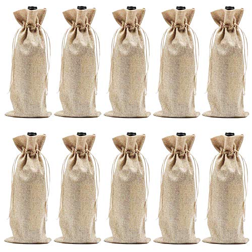 Product Cover Burlap Wine Bags with Drawstrings, Wine Bags Gift - Single Reusable Bottle Bags Perfect for Travel, Wedding, Birthday, Housewarming and Dinner Party - 10 Pack