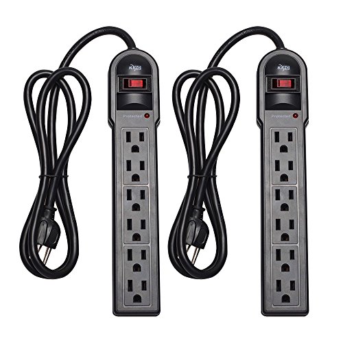 Product Cover KMC 6-Outlet Surge Protector Power Strip 2-Pack, 900 Joule, 4-Foot Cord, Overload Protection, Black