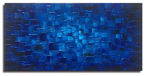 Product Cover MyArton Textured Abstract Squares Canvas Wall Art Hand Painted Modern Dark Blue Oil Painting for Decoration Ready to Hang 48x24inch
