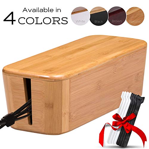Product Cover TEYGA Bamboo Cable Management Box - Stylish Cord Organizer Box Hides Power Strip and Keeps Cords Untangled - Surge Protector Cover Keeps Children Safe - TV Cord Box for Home and Office