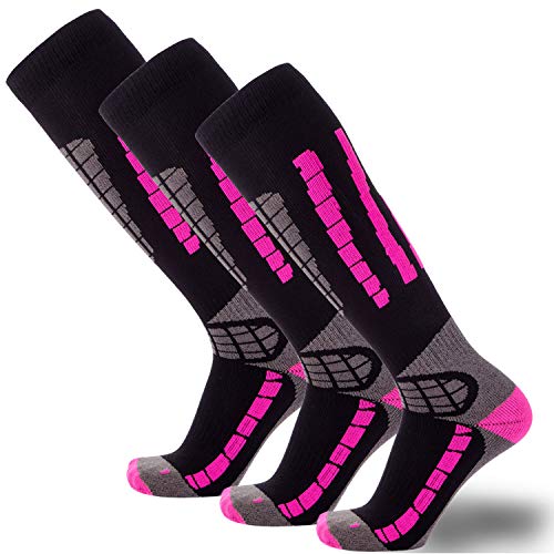 Product Cover Pure Athlete Ski Socks - Best Lightweight Warm Skiing Socks (Black/Neon Pink - 3 Pack, Small/Medium)