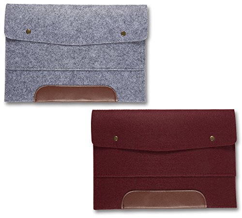 Product Cover Wool Felt File Folder - 2 Pack of 13 Inch Laptop Briefcase Portable Holder or A4 Document Paper Organizer Portfolio Bag with Snap Buttons and Brown Faux Leather Accent in Gray and Burgundy