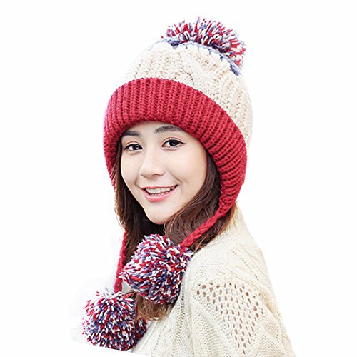 Product Cover HUAMULAN Women Fleece Lined Winter Beanie Hat Ski Cap Ear Flaps Peruvian Dual Layered Pompoms