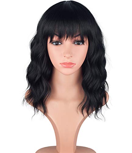 Product Cover Fashion Short Bob Shoulder Length Wavy Curly Natural Full Hair Wigs With Bangs For Black Women African American Ladies Cosplay Party Custom Wigs (Natural Black)