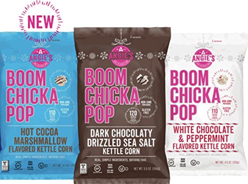 Product Cover Exclusive Boom Chicka Pop Holiday Flavored Kettle Corn 3 Bag Set! Includes 1 Bag- Dark Chocolate Drizzled Sea Salt, 1 Bag- White Chocolate & Peppermint, 1 Bag- Hot Cocoa Marshmallow! Gluten Free!