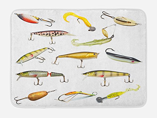 Product Cover Ambesonne Fishing Bath Mat, Fishing Tackle Bait for Spearing Trapping Catching Aquatic Animals Molluscs Design, Plush Bathroom Decor Mat with Non Slip Backing, 29.5