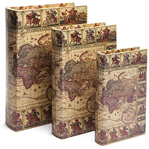 Product Cover Book Safe - 3-Pack Fake Hollow Books, Hollowed Out Decorative Faux Books with Secret Hidden Compartment Box for Storage - Hide Jewelry, Money, Valuables, and More, Vintage Map Design