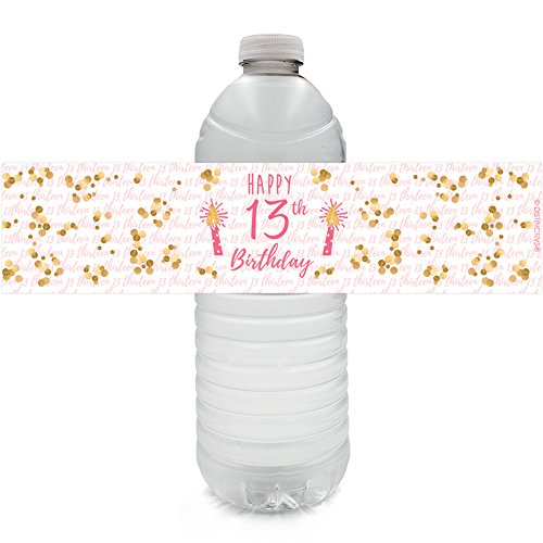 Product Cover Girls 13th Birthday Party Water Bottle Labels, Pink and Gold (24 Stickers)