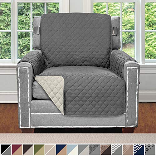 Product Cover Sofa Shield Original Patent Pending Reversible Chair Protector for Seat Width up to 23 Inch, Furniture Slipcover, 2 Inch Strap, Chairs Slip Cover Throw for Pets, Kids, Cats, Armchair, Charcoal Linen