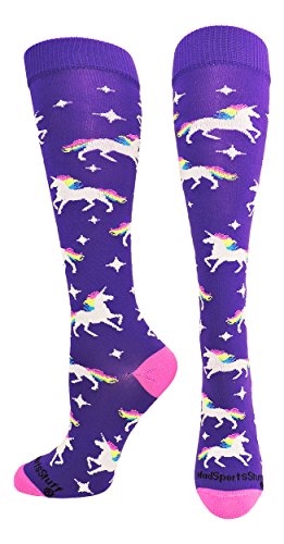 Product Cover MadSportsStuff Neon Rainbow Unicorn Over The Calf Socks (Purple/Neon Pink, Small)