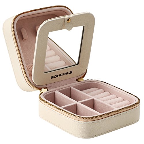 Product Cover SONGMICS Small Jewelry Box, Travel Case Organizer for Rings Necklaces with Mirror, Beige UJBC146BE