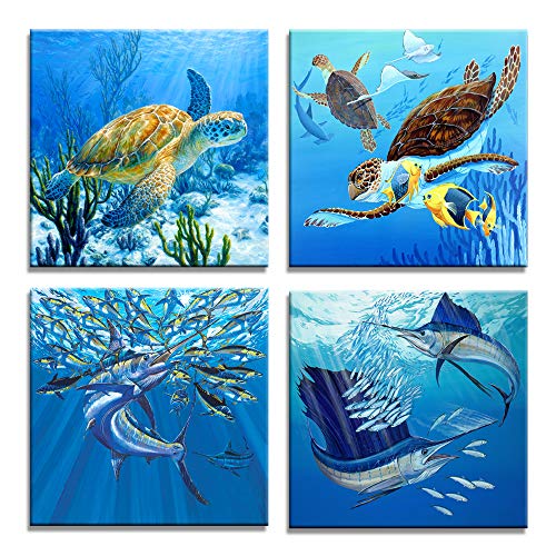 Product Cover Moyedecor Art - 4 Pieces Wall Art Paintings Turtle and Tuna in The Blue Underwater Uorld of Art Pictures Prints On Canvas Decoration Home and Office - Size:12