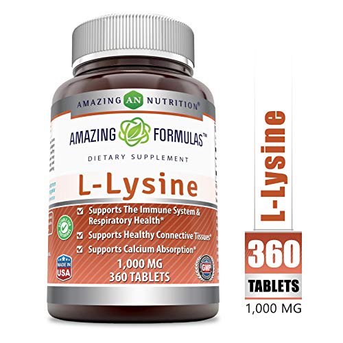 Product Cover Amazing Nutrition Amazing Formulas L-Lysine - 1000mg Amino Acid Vitamin Tablets - Commonly Used for Cold Sores, Shingles, Immune Support, Respiratory Health & More - 360 Vegetarian Tablets