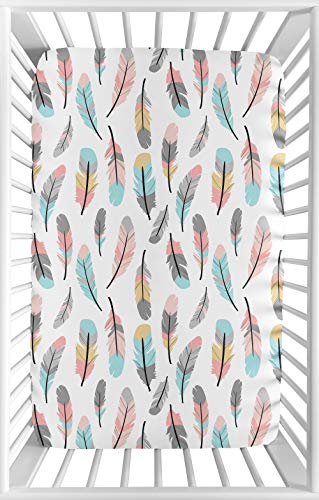 Product Cover Sweet Jojo Designs Coral and Turquoise Baby Girl Fitted Mini Portable Crib Sheet for Feather Collection - for Mini Crib or Pack and Play ONLY