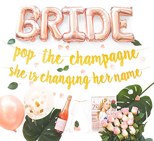 Product Cover Bachelorette Party Decorations Kit | Bridal Shower Supplies | Bride to Be Sash, Ring Foil, Rose Balloons, Glitter Banner | Pop The Champagne She is Changing Her Name (Gold)