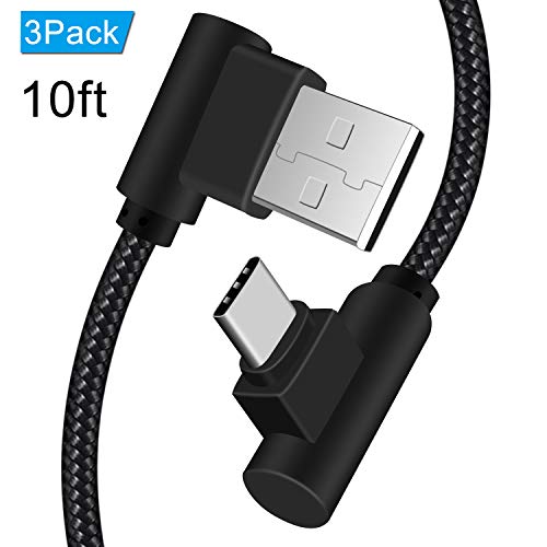 Product Cover ANSEIP Right Angle Type C Cable 10ft 3 Pack 90 Degree USB C Cable Braided Fast Charge Cord & Data Sync for Samsung Galaxy S8/S8 Plus,Moto Z Z2,Nexus 6P/5X and More (Black-10ft)