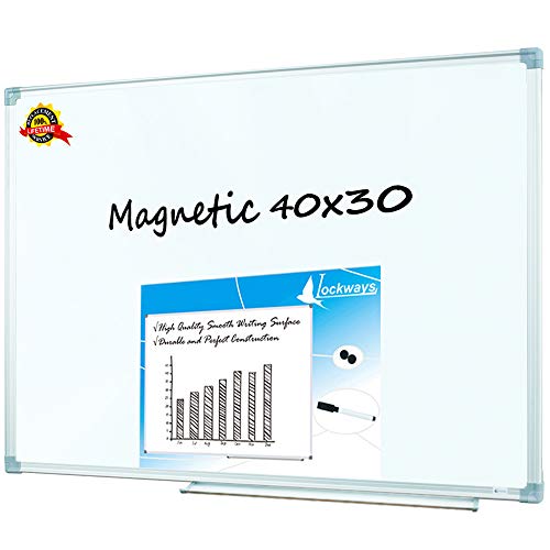 Product Cover Lockways Whiteboard/Magnetic White Board - Dry Ease Board 40 x 30, Silver Aluminium Frame, 1 Aluminum Marker Tray, 1 Dry Erase Markers, 2 Magnets, for School, Home, Office