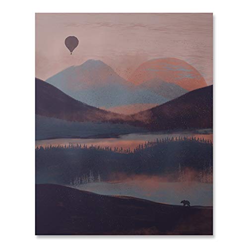 Product Cover Outdoor Inspiration Wilderness Sunrise Lover Art Print Beautiful Peaceful Serene Forest Trees Lake Reflection Balloon Ride Over Mountains Nature Bear Wall Art Pink Blue Sky Home Decor 8 x 10 Inches